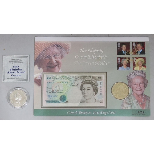 637 - A silver proof Queen Mother £5 coin with certificate and a £5 coin and £5 bank note First Day Cover ... 