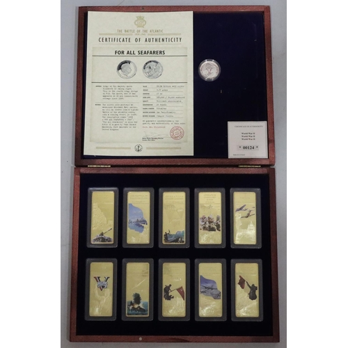 638 - A silver proof £20 coin with certificate and 10 gold plated Ingots WWII (boxed with certificates)