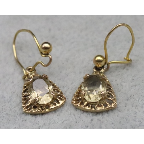 653 - A pair of 9ct gold drop earrings set with yellow coloured stones, 1.6 grams gross