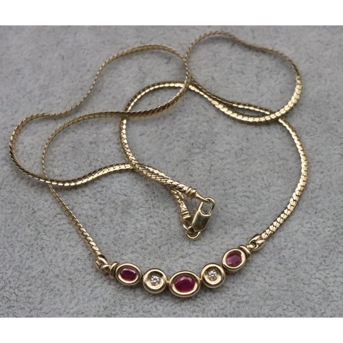 665 - A 9ct gold necklace mounted with 3 small rubies interspersed with 2 small diamonds, 42cm long, 5.7 g... 