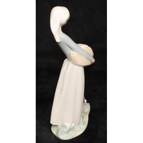 67 - A Lladro group of a young standing lady holding a bird with a puppy at her feet, 27cm high