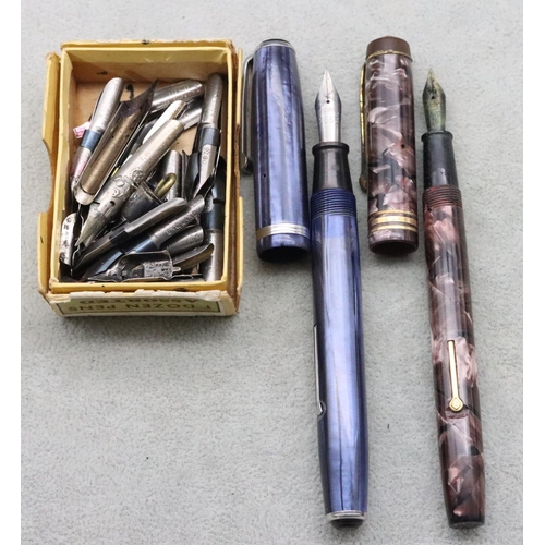 683 - Conway Stewart 388 purple mottled fountain pen, an Esterbrook blue mottled fountain pen and a small ... 