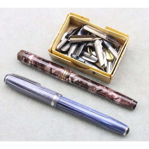 683 - Conway Stewart 388 purple mottled fountain pen, an Esterbrook blue mottled fountain pen and a small ... 