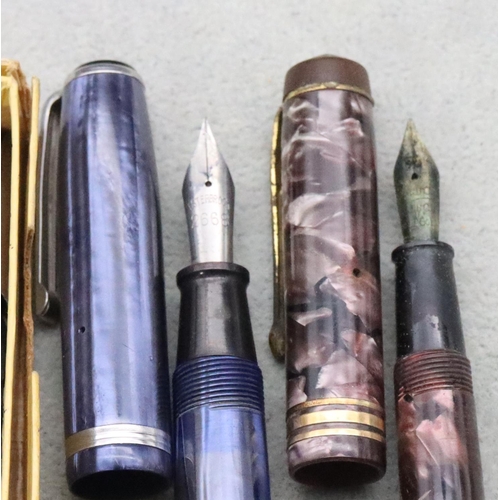 683 - Conway Stewart 388 purple mottled fountain pen, an Esterbrook blue mottled fountain pen and a small ... 