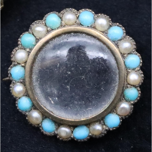 692 - A small 9ct gold circular locket brooch mounted with turquoise and half pearls (clasp a/f), 1.8cm di... 