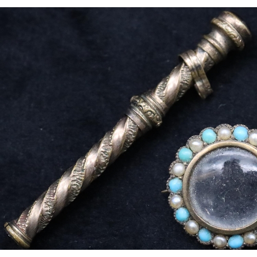 692 - A small 9ct gold circular locket brooch mounted with turquoise and half pearls (clasp a/f), 1.8cm di... 