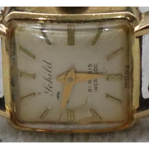 695 - An 18ct gold Schild square faced ladies' pocket watch with later plated expanding bracelet