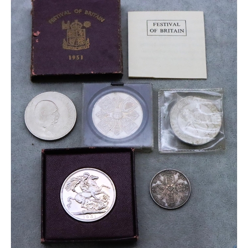 708 - A Victorian silver Double Florin, 1887, a 1951 Festival of Britain Crown (boxed), a Queen Elizabeth ... 