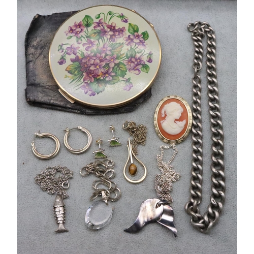 709 - A silver graduated watch chain (no clasps), 3 silver chains with pendants, a Stratton compact and a ... 