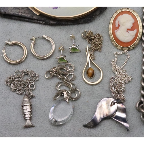 709 - A silver graduated watch chain (no clasps), 3 silver chains with pendants, a Stratton compact and a ... 