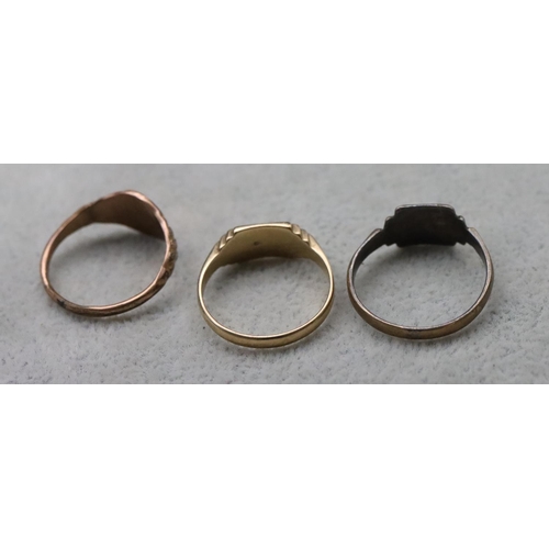 710 - A 9ct gold signet ring, Size O, 2.5 grams and 2 plated signet rings (3)