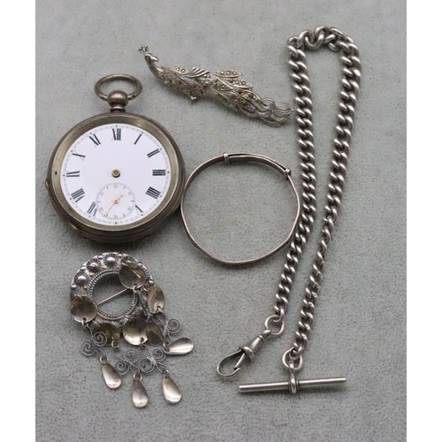 720 - A silver graduated watch chain with T-bar and a silver pocket watch with white enamel dial (no hands... 