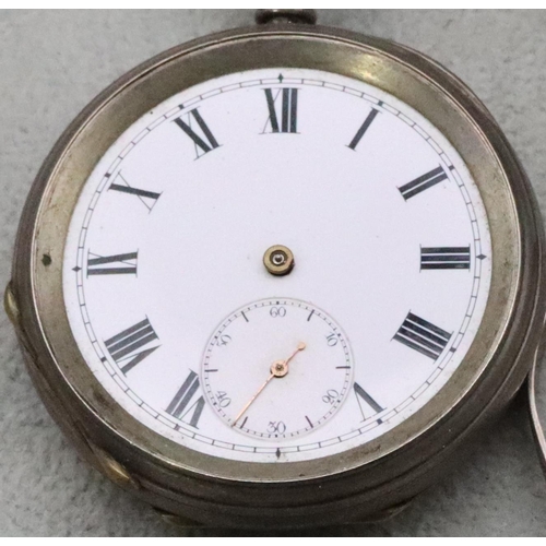 720 - A silver graduated watch chain with T-bar and a silver pocket watch with white enamel dial (no hands... 