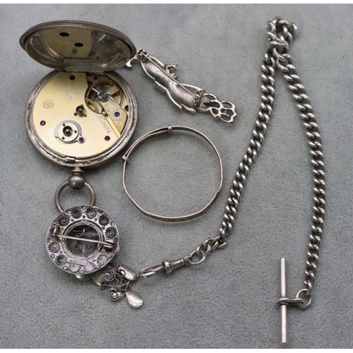 720 - A silver graduated watch chain with T-bar and a silver pocket watch with white enamel dial (no hands... 