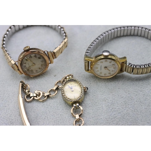 721 - A 9ct gold W Hinds circular wristwatch with later expanding strap bracelet (working) and 2 other wri... 