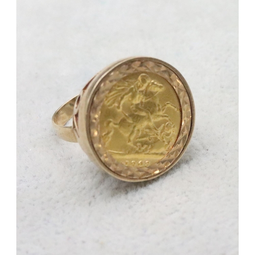 734 - An Edward VII gold Half Sovereign, mounted in a 9ct gold removable ring, Size N, 8.5 grams gross