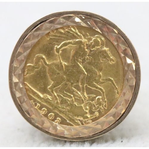 734 - An Edward VII gold Half Sovereign, mounted in a 9ct gold removable ring, Size N, 8.5 grams gross