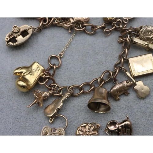 736 - A 9ct gold charm bracelet with padlock clasp, mounted with 16 gold charms (2 loose) and 1 small plat... 