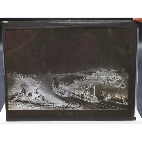 749 - A glass photographic plate depicting steam engine exiting tunnel with various figures on banks, 16cm... 