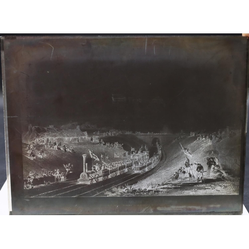 749 - A glass photographic plate depicting steam engine exiting tunnel with various figures on banks, 16cm... 