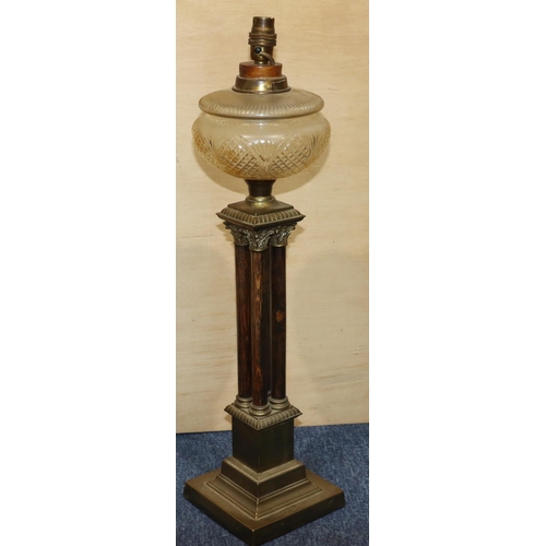 751 - A brass and wooden Corinthian column paraffin lamp (converted) with glass bowl on square base, 60cm ... 