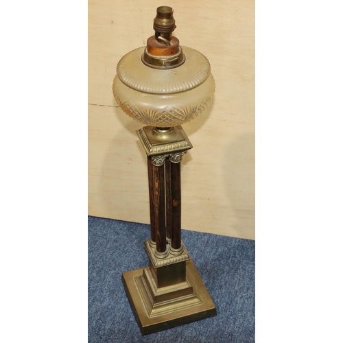 751 - A brass and wooden Corinthian column paraffin lamp (converted) with glass bowl on square base, 60cm ... 