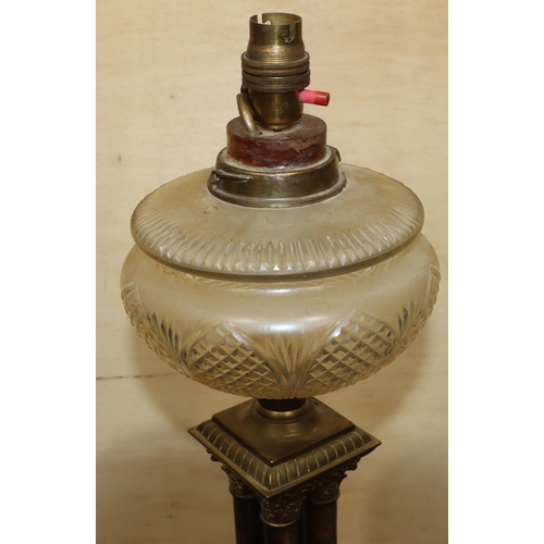 751 - A brass and wooden Corinthian column paraffin lamp (converted) with glass bowl on square base, 60cm ... 