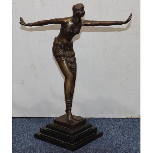 754 - A reproduction Art Deco bronze figure of a dancing lady on black square platform base, 41cm high