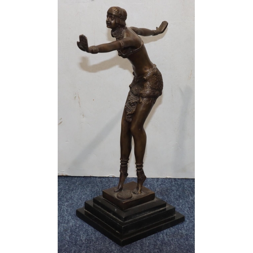 754 - A reproduction Art Deco bronze figure of a dancing lady on black square platform base, 41cm high