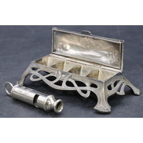 755 - An Art Deco pewter table top stamp box with hinged lid and embossed floral and leaf decoration, comp... 