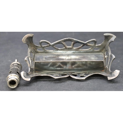 755 - An Art Deco pewter table top stamp box with hinged lid and embossed floral and leaf decoration, comp... 