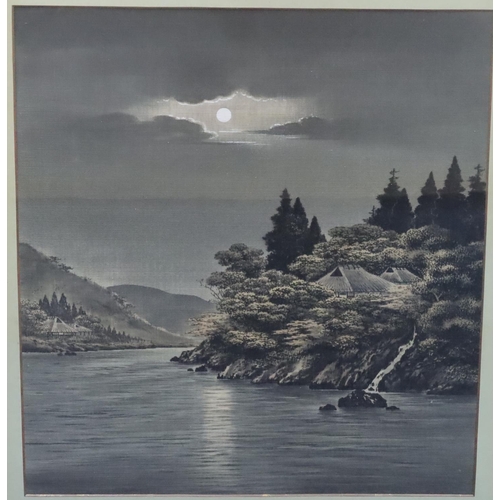 763 - An Oriental silk panel depicting a moonlight river scene with part highlighted decoration, in oak fr... 