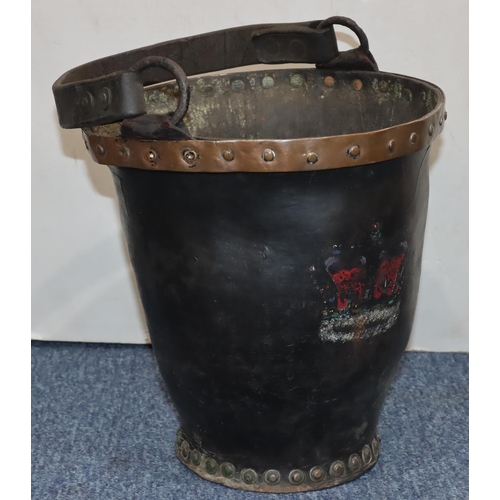 769 - A 19th Century leather and rivetted bucket marked GR under a crown, with leather overhead handle, 32... 