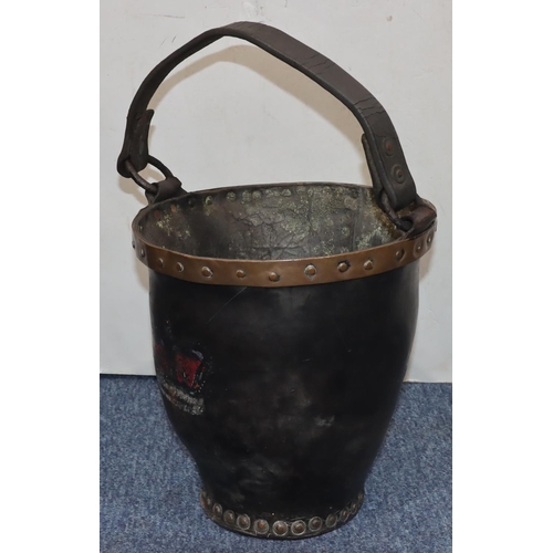 769 - A 19th Century leather and rivetted bucket marked GR under a crown, with leather overhead handle, 32... 