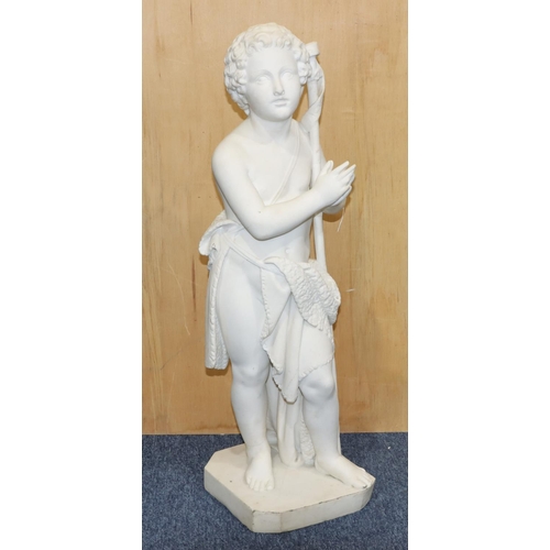 778 - A white marble standing figure of a young boy holding a staff (Staff marked Agnus Del), on square ch... 