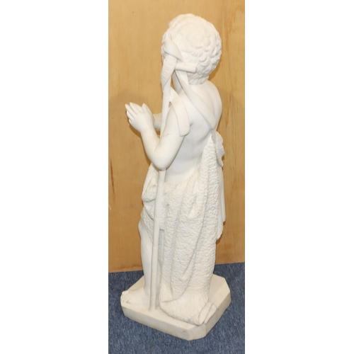 778 - A white marble standing figure of a young boy holding a staff (Staff marked Agnus Del), on square ch... 