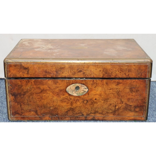 790 - A 19th Century walnut rectangular shaped writing box with brass banding and inlay, hinged lid enclos... 