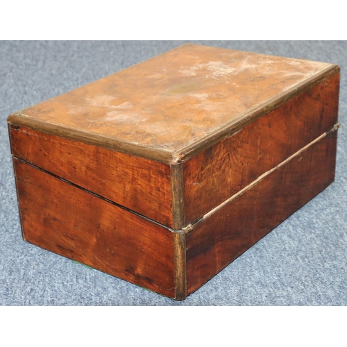 790 - A 19th Century walnut rectangular shaped writing box with brass banding and inlay, hinged lid enclos... 