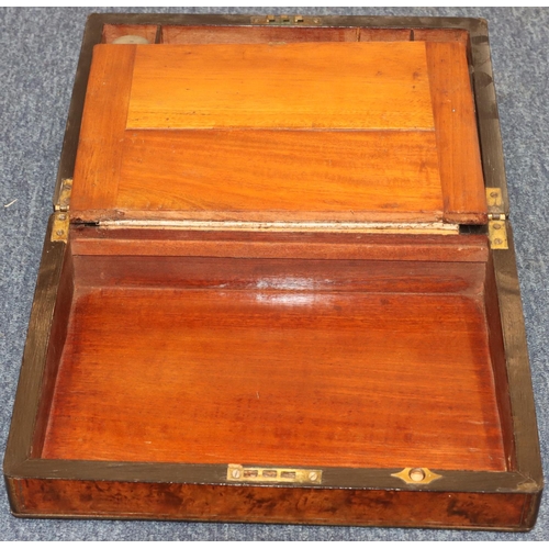 790 - A 19th Century walnut rectangular shaped writing box with brass banding and inlay, hinged lid enclos... 