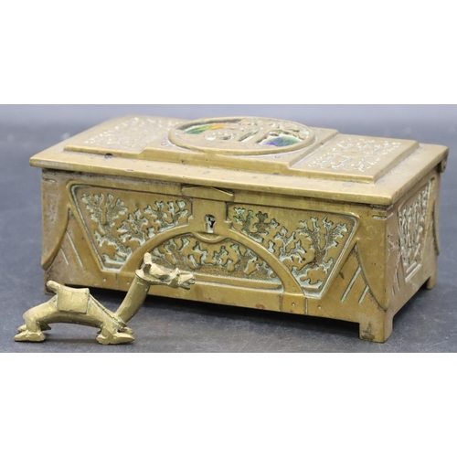 797 - A Liberty style brass rectangular shaped trinket box with enamelled and raised tree decorated hinged... 