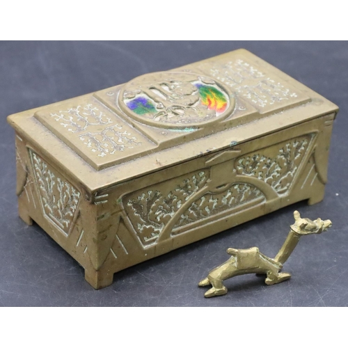 797 - A Liberty style brass rectangular shaped trinket box with enamelled and raised tree decorated hinged... 