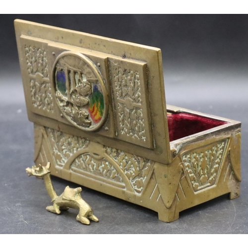 797 - A Liberty style brass rectangular shaped trinket box with enamelled and raised tree decorated hinged... 