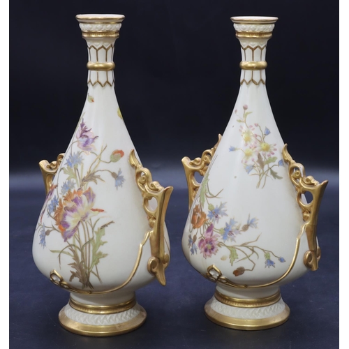 8 - A pair of Royal Worcester Blush bulbous 2-handled thin necked vases with multi-coloured floral, leaf... 