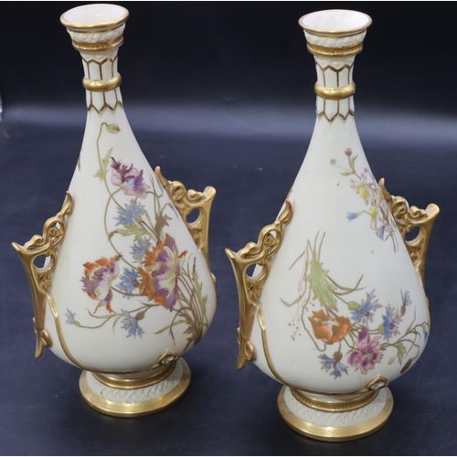 8 - A pair of Royal Worcester Blush bulbous 2-handled thin necked vases with multi-coloured floral, leaf... 