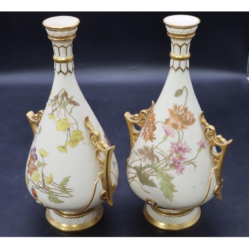 8 - A pair of Royal Worcester Blush bulbous 2-handled thin necked vases with multi-coloured floral, leaf... 