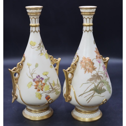 8 - A pair of Royal Worcester Blush bulbous 2-handled thin necked vases with multi-coloured floral, leaf... 