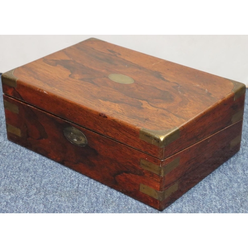 814 - A 19th Century rosewood rectangular shaped writing box with brass mounts and corners, hinged lid enc... 