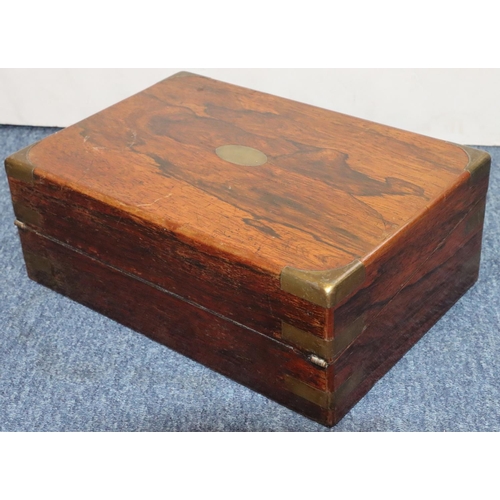 814 - A 19th Century rosewood rectangular shaped writing box with brass mounts and corners, hinged lid enc... 