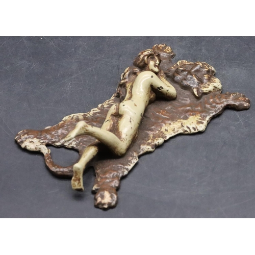 816 - Franz Xaver Bergmann painted bronze group, signed Namgreb, depicting relaxing female nude upon a lio... 