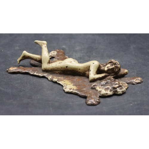 816 - Franz Xaver Bergmann painted bronze group, signed Namgreb, depicting relaxing female nude upon a lio... 